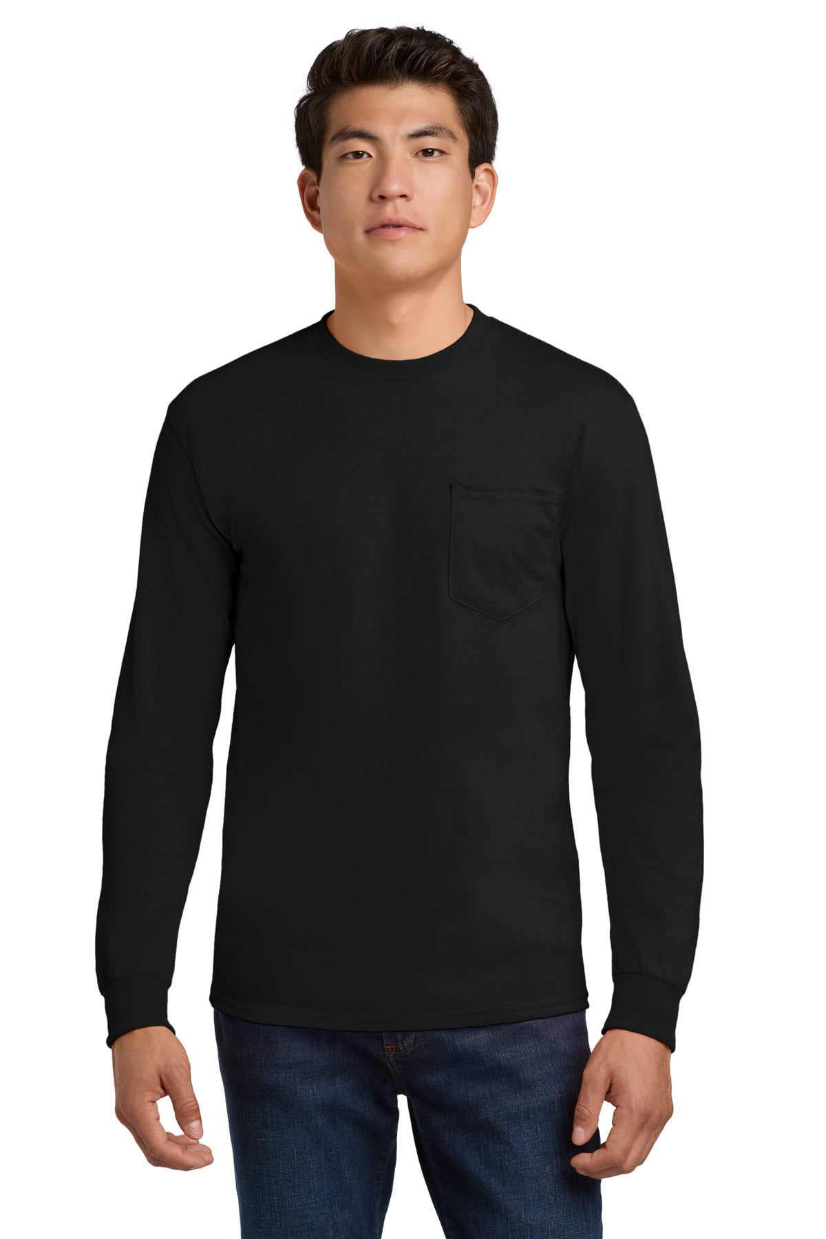 Gildan - Ultra Cotton 100% US Cotton Long Sleeve T-Shirt with Pocket - Black
