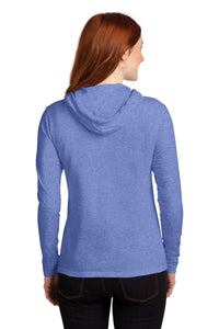 Gildan Ladies 100% Combed Ring Spun Cotton Long Sleeve Hooded T-Shirt - Heather Blue/ Neon Yellow Back