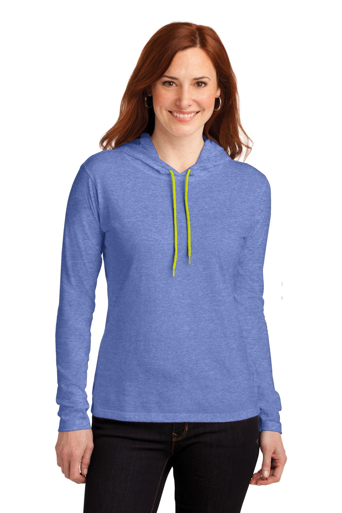 Gildan Ladies 100% Combed Ring Spun Cotton Long Sleeve Hooded T-Shirt - Heather Blue/ Neon Yellow