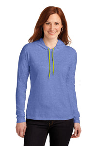Gildan Ladies 100% Combed Ring Spun Cotton Long Sleeve Hooded T-Shirt - Heather Blue/ Neon Yellow