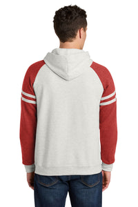 Jerzees Unisex NuBlend Varsity Colorblock Hooded Sweatshirt 97C - Oatmeal Heather/ Fiery Red Heather Back