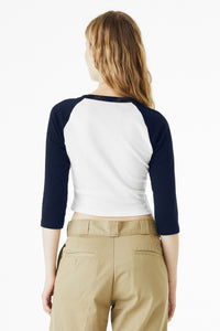 BELLA+CANVAS Women's Micro Rib 3/4 Raglan Baby Tee BC1200 - White/ Navy Back