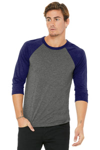 BELLA+CANVAS  Unisex 3/4-Sleeve Baseball Tee - Grey/ Navy Triblend