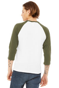 BELLA+CANVAS  Unisex 3/4-Sleeve Baseball Tee - White/ Heather Olive Back
