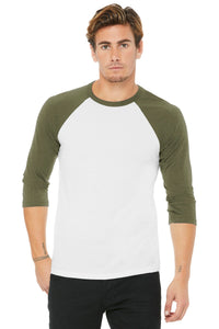 BELLA+CANVAS  Unisex 3/4-Sleeve Baseball Tee - White/ Heather Olive