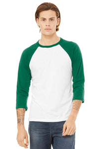 BELLA+CANVAS  Unisex 3/4-Sleeve Baseball Tee - White/ Kelly