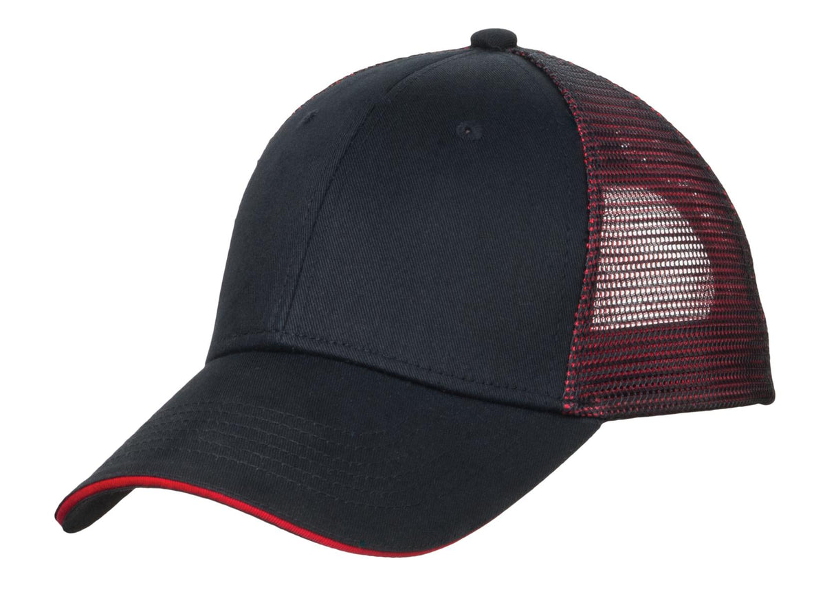 Port Authority Double Mesh Snapback Sandwich Bill Cap - Black/ Red