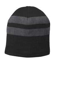 Port Authority Fleece-Lined Striped Beanie Cap - Black/ Athletic Oxford