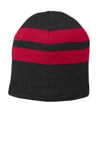 Port Authority Fleece-Lined Striped Beanie Cap - Black/ Athletic Red
