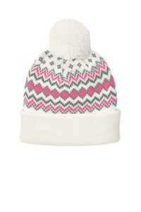 Port Authority Alpine Pom Beanie C991 - Marshmallow/ Awareness Pink/ Gusty Grey