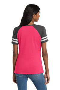 District  Women's Game V-Neck Tee - Heathered Watermelon/ Heathered Charcoal Back