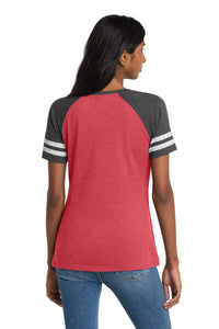 District  Women's Game V-Neck Tee - Heathered Red/ Heathered Charcoal Back