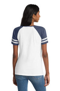 District  Women's Game V-Neck Tee - White/ Heathered True Navy Back