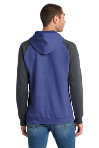 District Young Mens Lightweight Fleece Raglan Hoodie - Heathered Deep Royal/ Heathered Charcoal Back