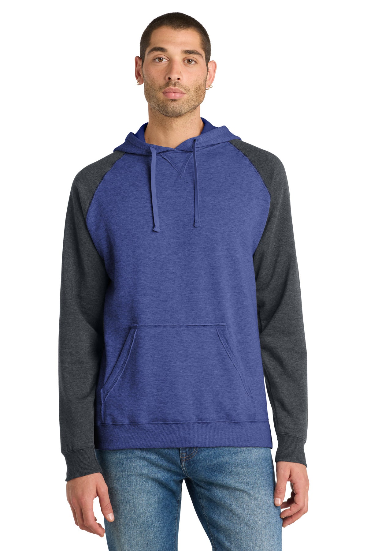 District Young Mens Lightweight Fleece Raglan Hoodie - Heathered Deep Royal/ Heathered Charcoal