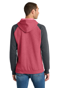 District Young Mens Lightweight Fleece Raglan Hoodie - Heathered Red/ Heathered Charcoal Back