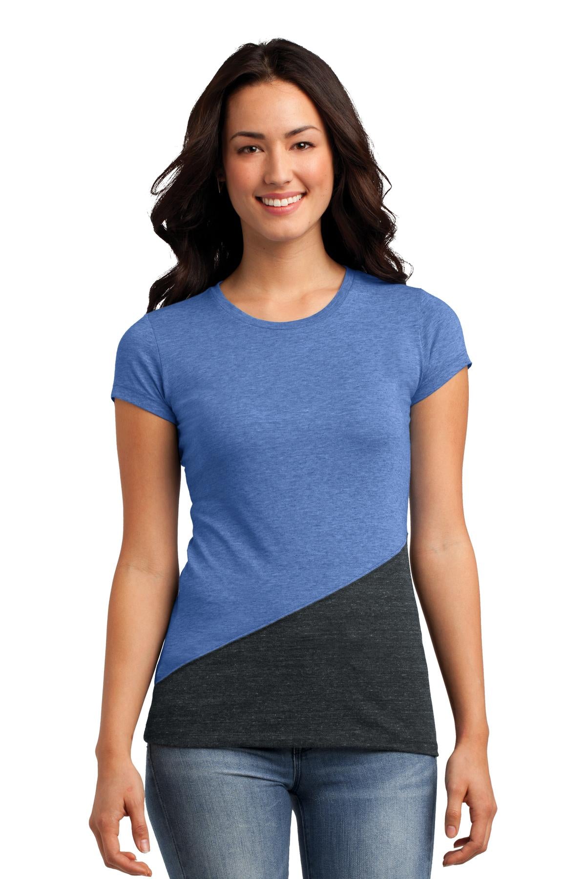 DISCONTINUED District Juniors Tri-Blend Pieced Crewneck Tee - Maritime Heather/ Charcoal Heather