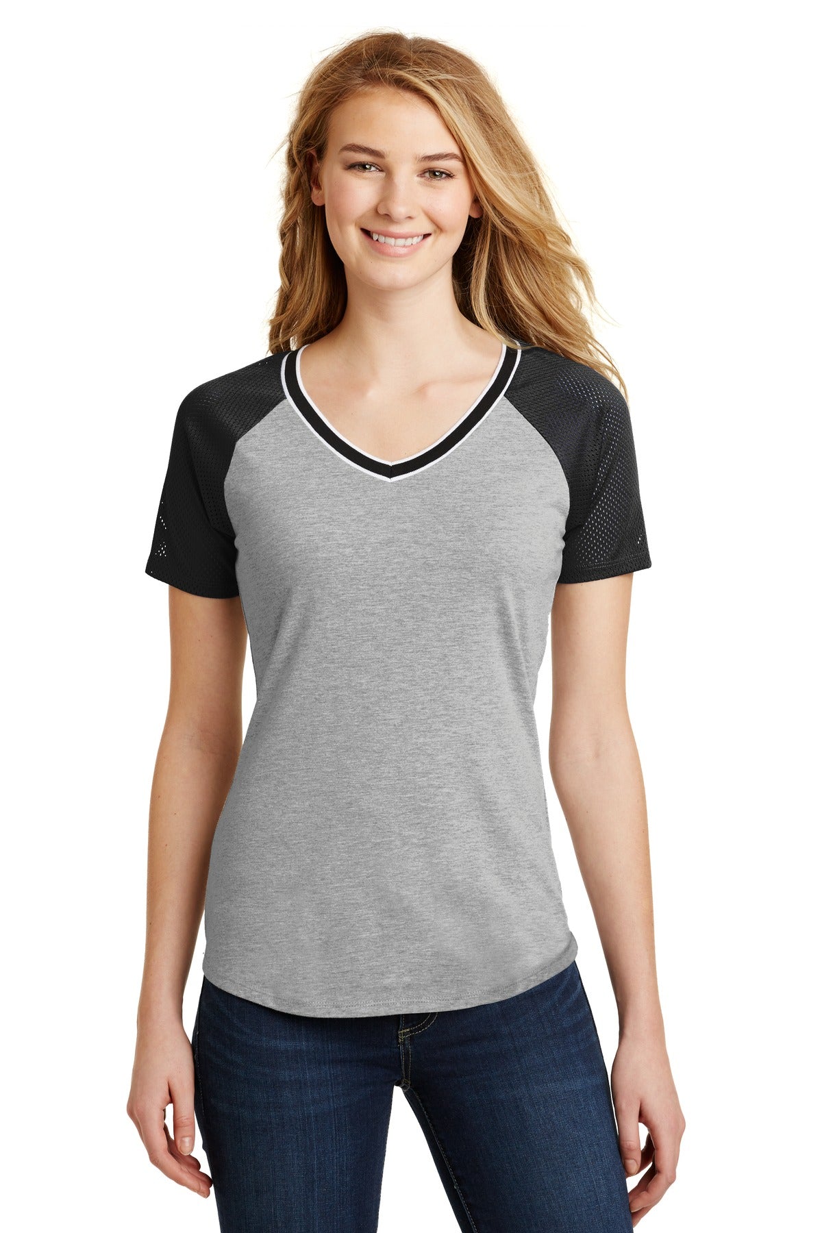 DISCONTINUED District Juniors Mesh Sleeve V-Neck Tee - Black/ Light Heather Grey