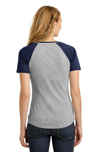 DISCONTINUED District Juniors Mesh Sleeve V-Neck Tee - True Navy/ Light Heather Grey Back