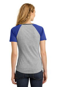 DISCONTINUED District Juniors Mesh Sleeve V-Neck Tee - Deep Royal/ Light Heather Grey Back