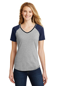 DISCONTINUED District Juniors Mesh Sleeve V-Neck Tee - True Navy/ Light Heather Grey