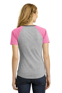 DISCONTINUED District Juniors Mesh Sleeve V-Neck Tee - True Pink/ Light Heather Grey Back