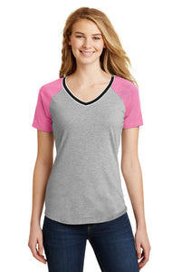 DISCONTINUED District Juniors Mesh Sleeve V-Neck Tee - True Pink/ Light Heather Grey
