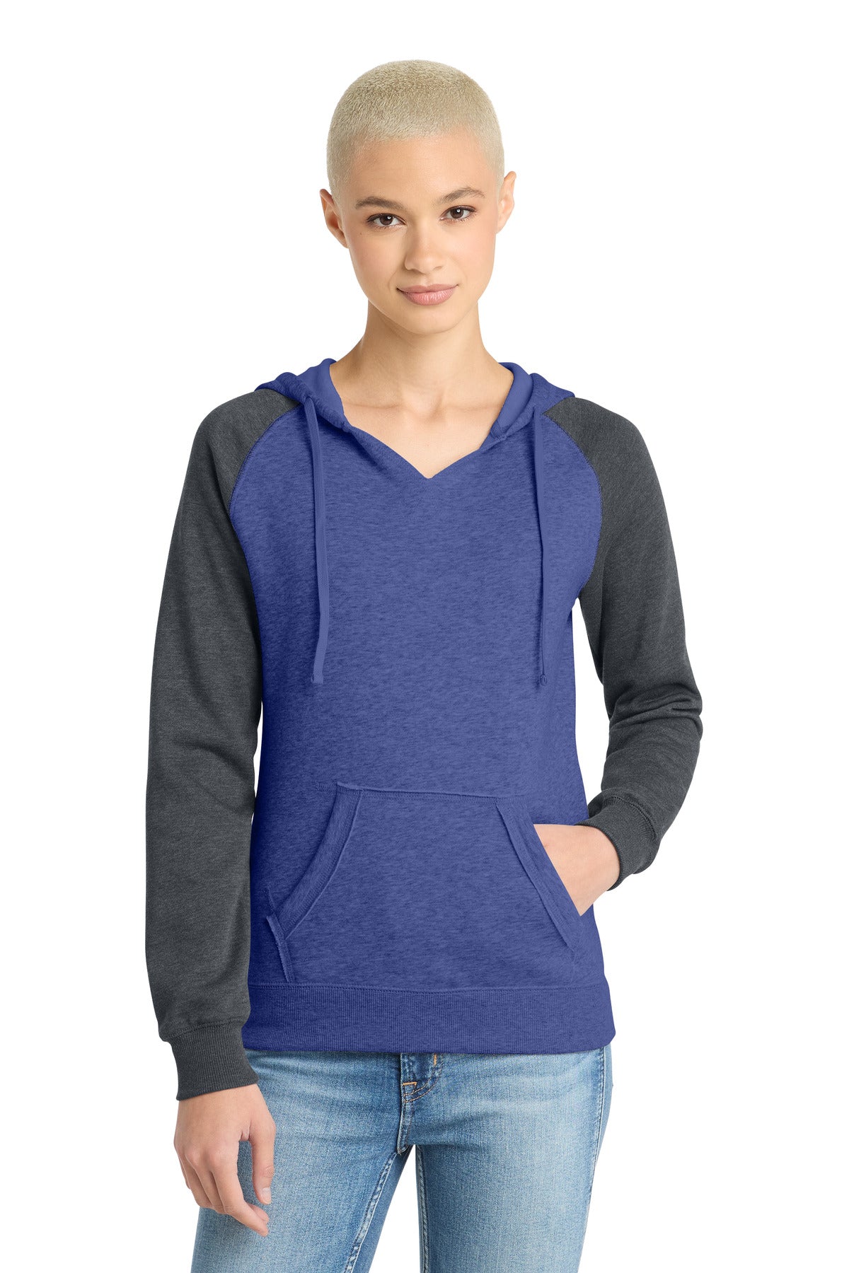 District Women's Lightweight Fleece Raglan Hoodie - Heathered Deep Royal/ Heathered Charcoal
