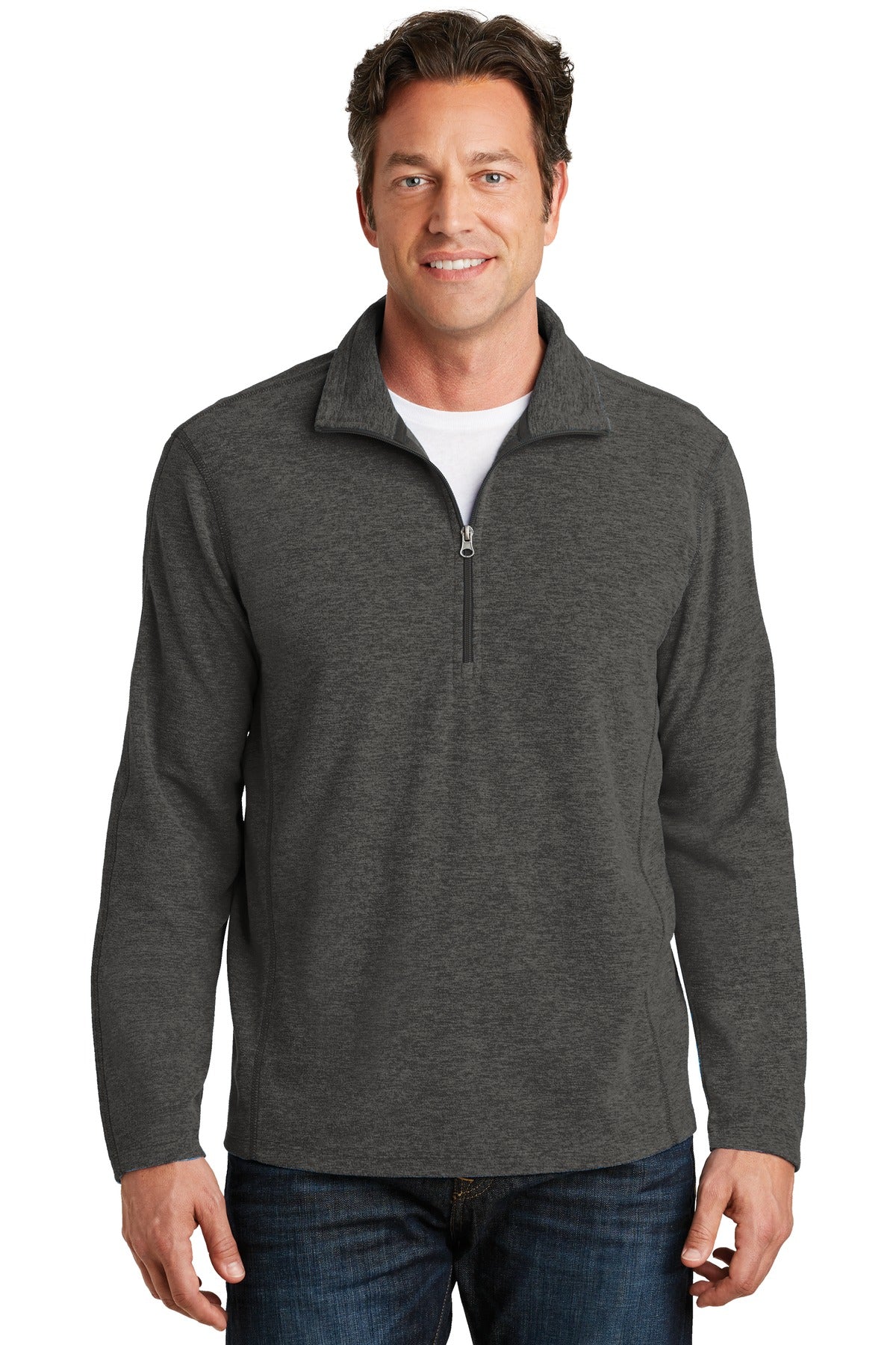 DISCONTINUED Port Authority Heather Microfleece 1/2-Zip Pullover - Black Charcoal Heather