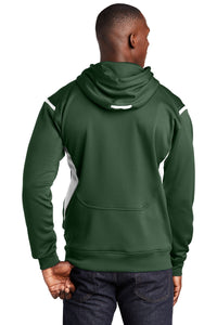 Sport-Tek Tech Fleece Colorblock Hooded Sweatshirt - Forest Green/ White Back