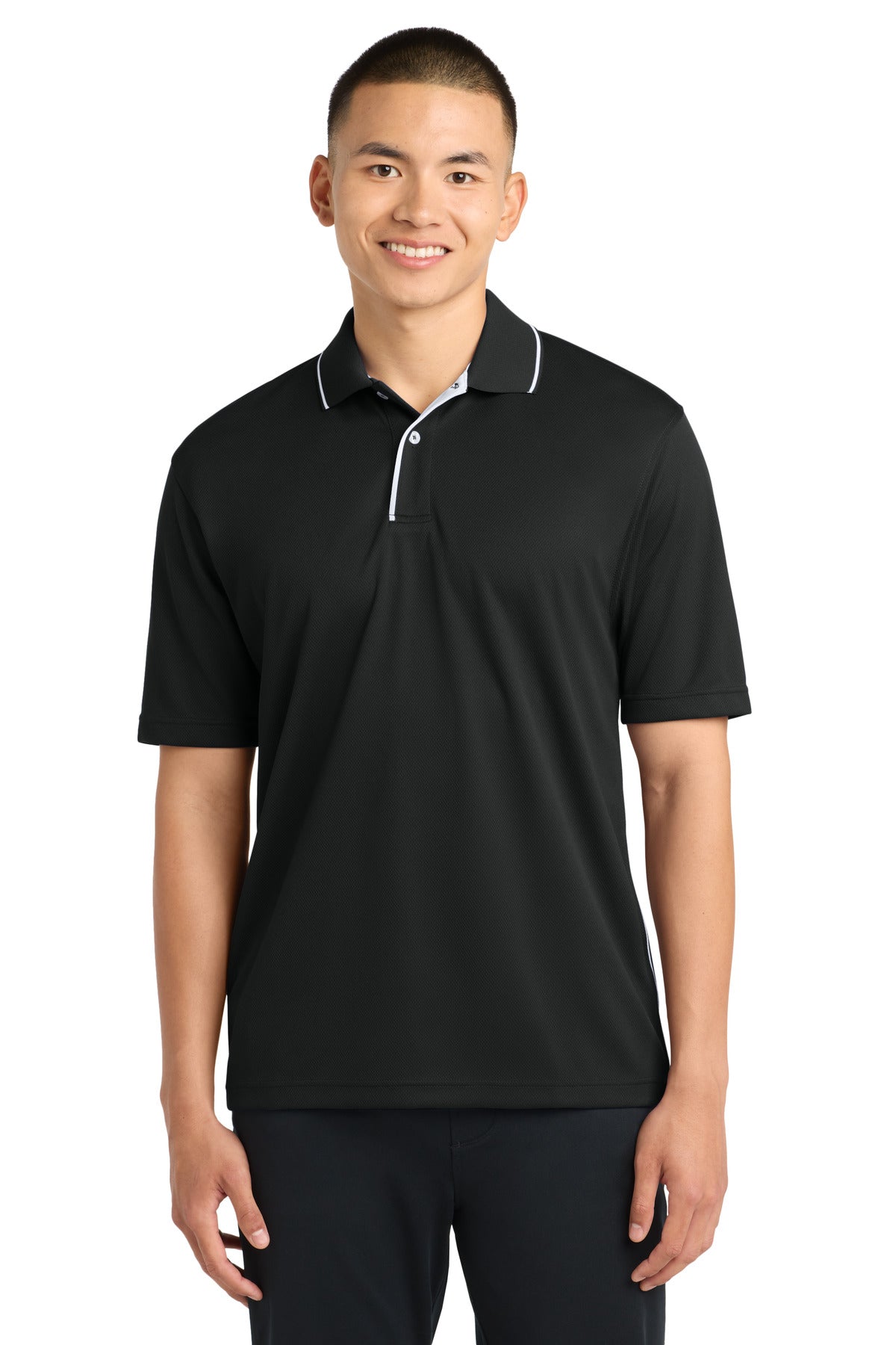 Sport-Tek Dri-Mesh Polo with Tipped Collar and Piping - Black/ White