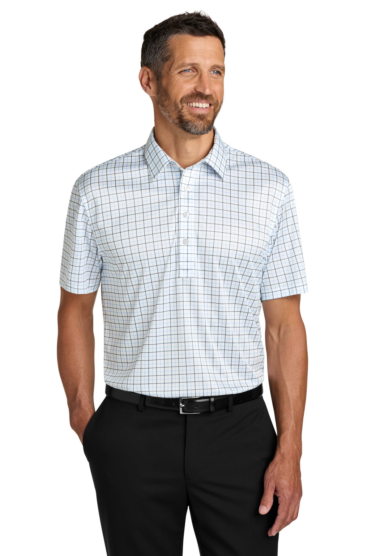Port Authority Shirt Collar Polo K700 - Black/ Carolina Blue Check