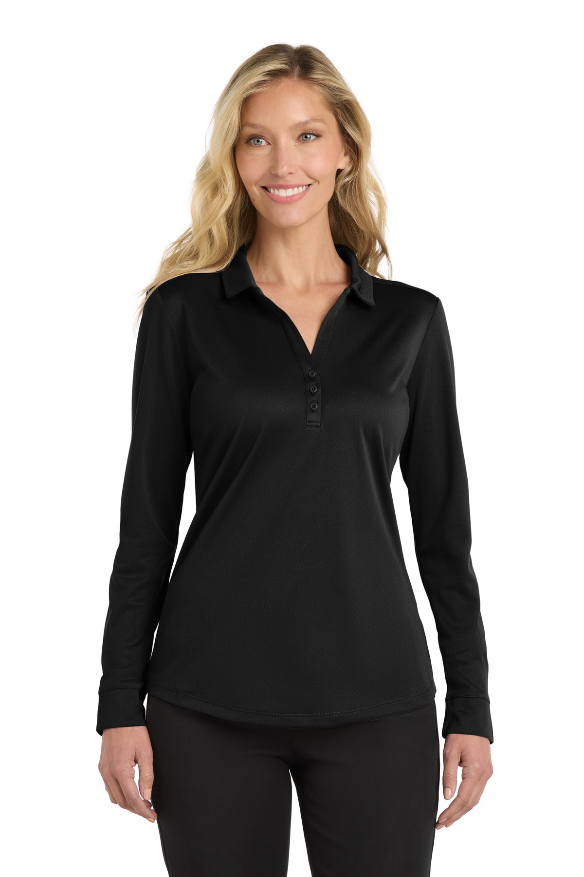 Port Authority  Women's Silk Touch   Performance Long Sleeve Polo - Black