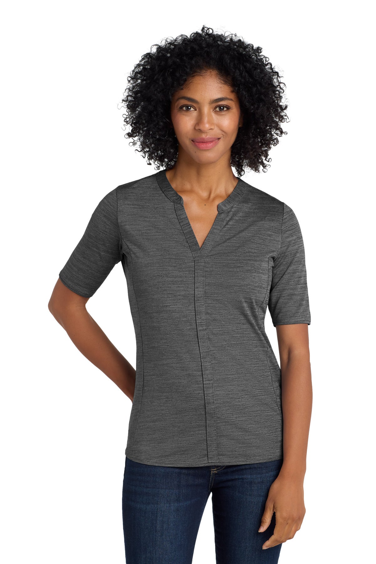 Port Authority  Women's Stretch Heather Open Neck Top  LK583 - Black/ Thunder Grey