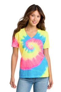 Port & Co Women's Tie-Dye V-Neck Tee - Neon Rainbow