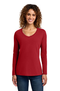 Port & Co Women's Long Sleeve Fan Favorite V-Neck Tee - Team Cardinal