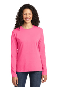 Port & Co Women's Long Sleeve Core Cotton Tee - Neon Pink