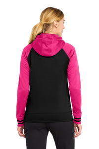 Sport-Tek Women's Sport-Wick Varsity Fleece Full-Zip Hooded Jacket - Black/ Neon Pink Back