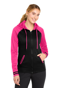 Sport-Tek Women's Sport-Wick Varsity Fleece Full-Zip Hooded Jacket - Black/ Neon Pink