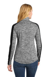 Sport-Tek Women's PosiCharge Electric Heather Colorblock 1/4-Zip Pullover - Black Electric/ Black Back
