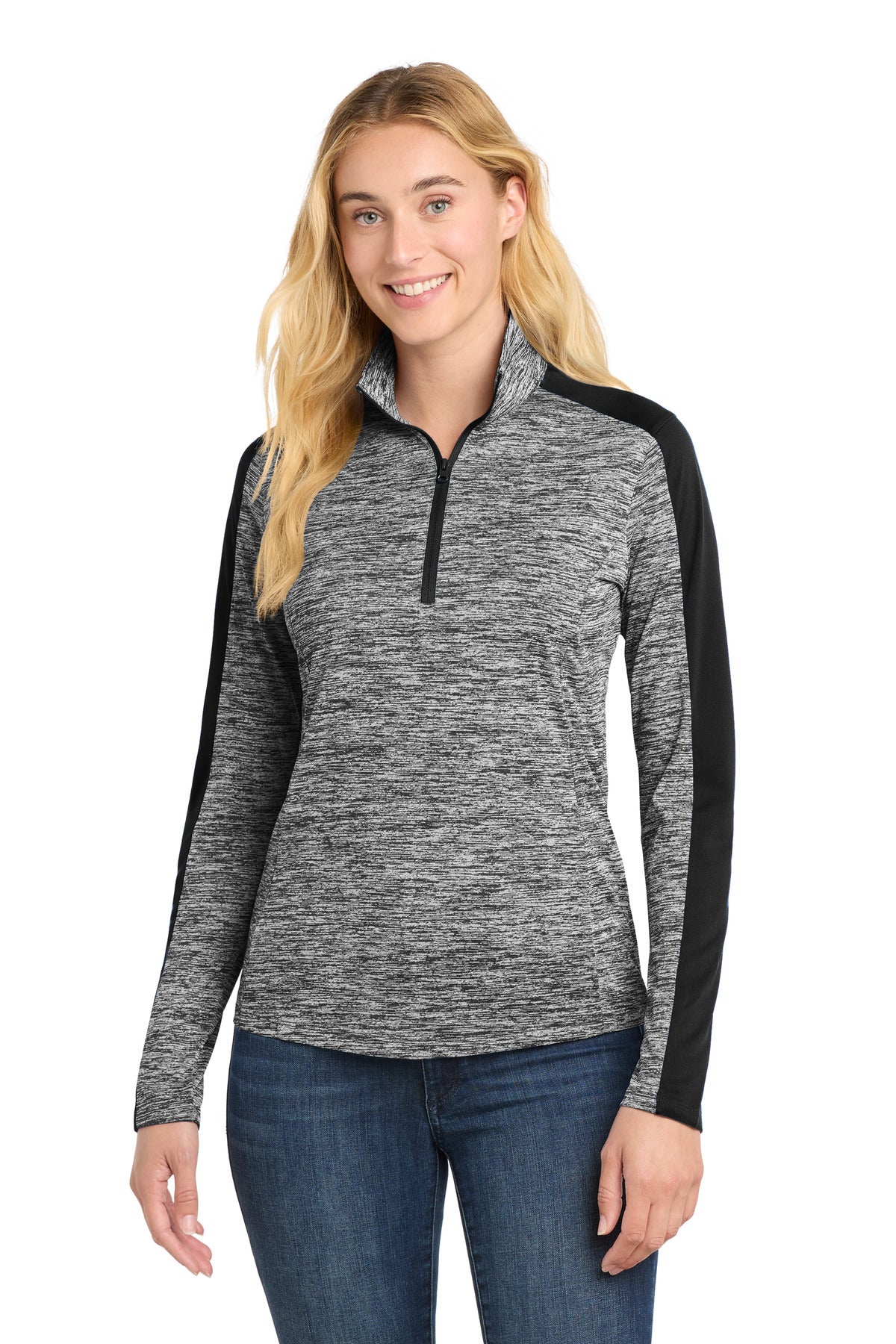 Sport-Tek Women's PosiCharge Electric Heather Colorblock 1/4-Zip Pullover - Black Electric/ Black