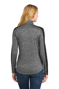 Sport-Tek Women's PosiCharge Electric Heather Colorblock 1/4-Zip Pullover - Grey-Black Electric/ Black Back