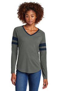 Sport-Tek Women's Halftime Stripe Long Sleeve V-Neck Tee LST6043 - True Navy/ Vintage Heather