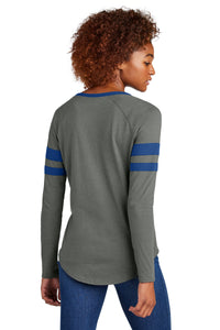 Sport-Tek Women's Halftime Stripe Long Sleeve V-Neck Tee LST6043 - True Royal/ Vintage Heather Back