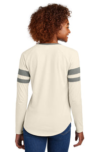Sport-Tek Women's Halftime Stripe Long Sleeve V-Neck Tee LST6043 - Vintage Heather/ Ecru Back