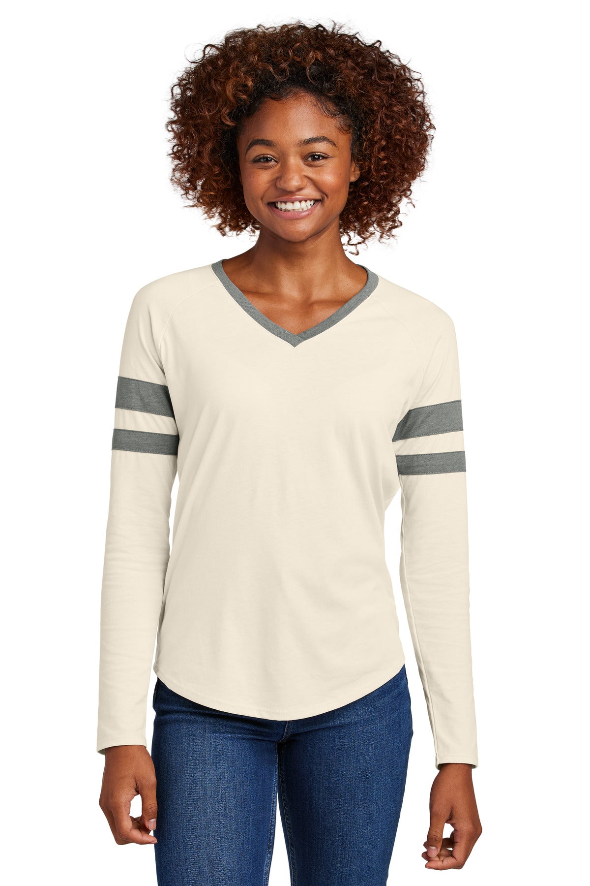 Sport-Tek Women's Halftime Stripe Long Sleeve V-Neck Tee LST6043 - Vintage Heather/ Ecru