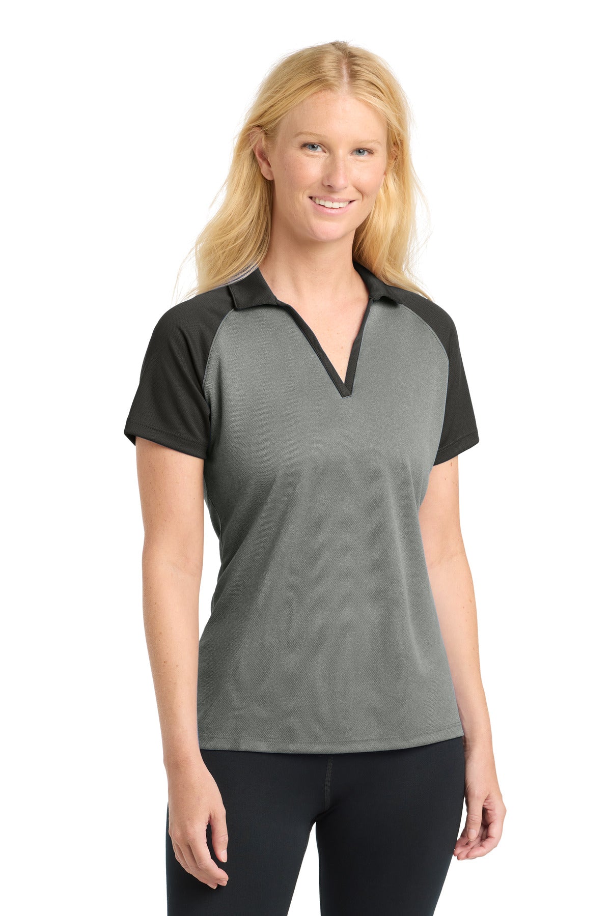 Sport-Tek  Women's PosiCharge  RacerMesh  Raglan Heather Block Polo - Grey Heather/ Black