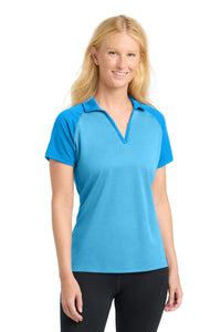 Sport-Tek  Women's PosiCharge  RacerMesh  Raglan Heather Block Polo - Pond Blue Heather/ Pond Blue