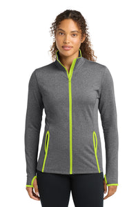 Sport-Tek Women's Sport-Wick Stretch Contrast Full-Zip Jacket - Charcoal Grey Heather/ Charge Green