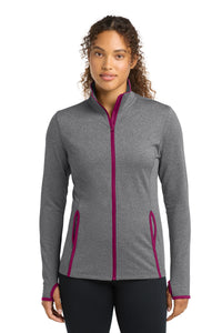 Sport-Tek Women's Sport-Wick Stretch Contrast Full-Zip Jacket - Charcoal Grey Heather/ Pink Rush
